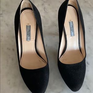 Prada suede with gold heel.